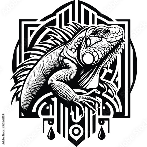Iguana reptile with art deco decoration, stencil logo, black and white animal illustration