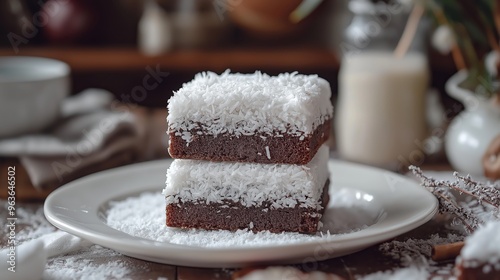 A traditional Australian lamington, featuring a square sponge cake coated in chocolate and rolled in desiccated coconut, served on a white plate photo