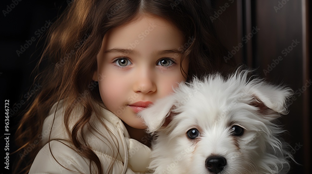 cute smiling girl with black hair holding adorable white dog while standing on white background cute smiling girl with black hair holding adorable white dog while standing on white background