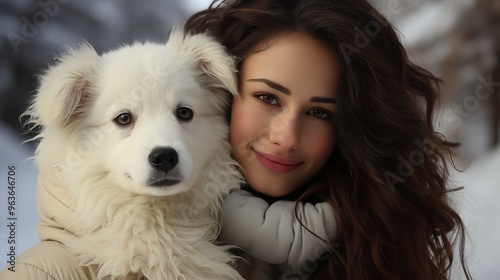 cute smiling girl with black hair holding adorable white dog while standing on white background