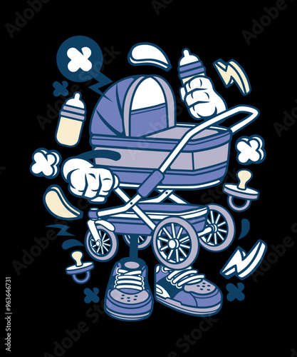Baby Time, Funny Moses basket vector art character graphic drawing illustration for stickers, streetwear, t-shirts, logos, print-on-demand, print, or branding