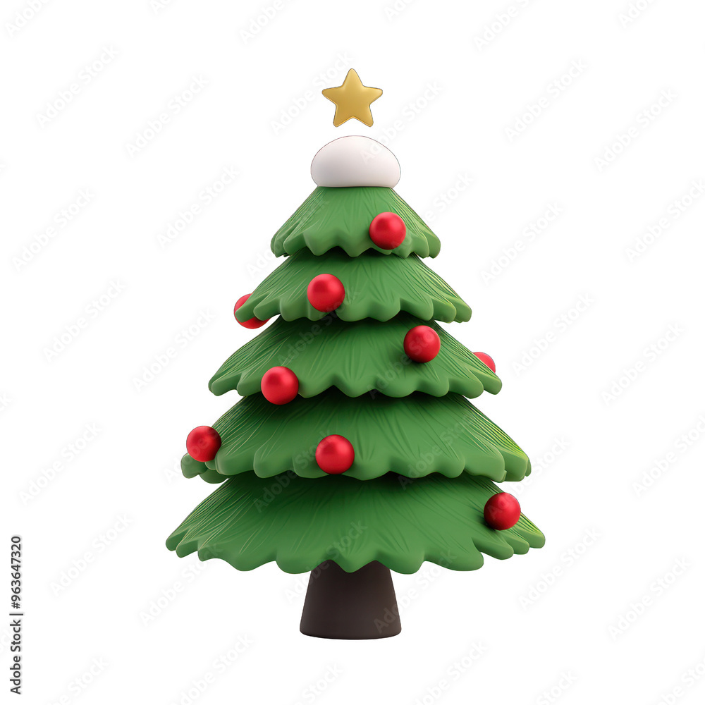 A vibrant, decorated Christmas tree featuring green foliage, red ornaments, and a star on top, perfect for holiday themes. 3d render A vibrant, decorated Christmas tree featuring green foliage, red ornaments, and a star on top, perfect for holiday themes. 3d render