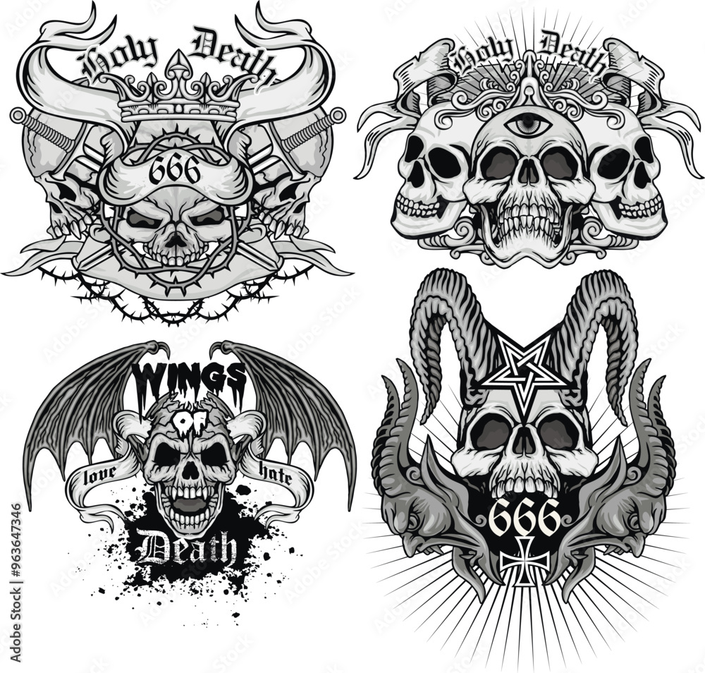 Fototapeta premium set, gothic sign with skull, grunge vintage design t shirts