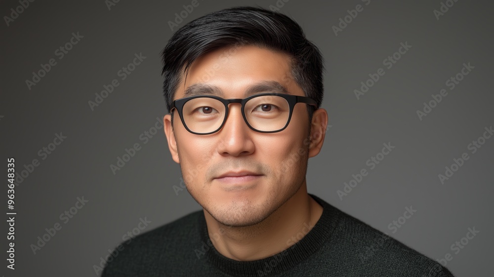A mid-30s Asian man with glasses and short black hair, wearing a dark green sweater, raising an eyebrow on a light gray background A mid-30s Asian man with glasses and short black hair, wearing a dark green sweater, raising an eyebrow on a light gray background