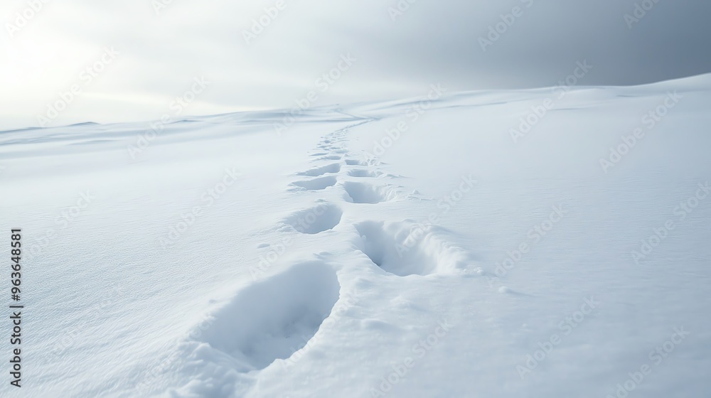 Footprints in pristine snow leading into the distance under a cloudy sky. Perfect for winter, nature, and adventure themes. Footprints in pristine snow leading into the distance under a cloudy sky. Perfect for winter, nature, and adventure themes.