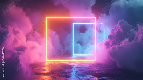 3d render, abstract minimal background with pink blue yellow neon light square frame with copy space, illuminated stormy clouds, glowing geometric shape. Neon. Illustration