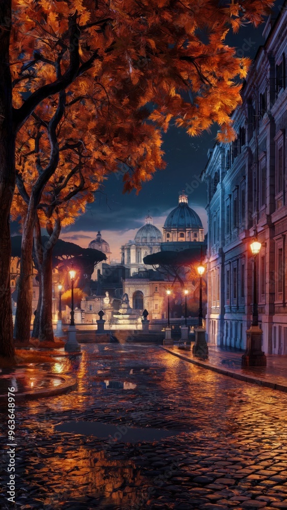 Obraz premium A night scene of Rome, the trees lining cobblestone alleyways have turned into a rich tapestry of vibrant autumn colors.jpeg