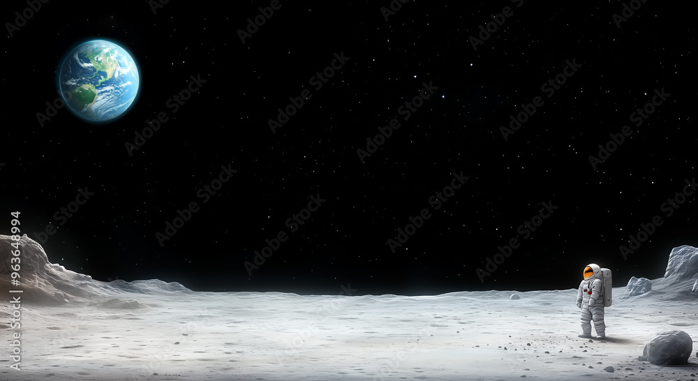 Obraz premium Tiny astronaut walking on the moon's surface, gazing at Earth in the starry sky, copy space