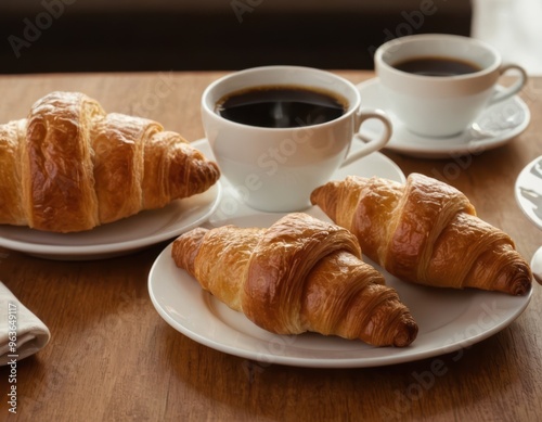 Coffee and croissants on white plate, morning coffee concept