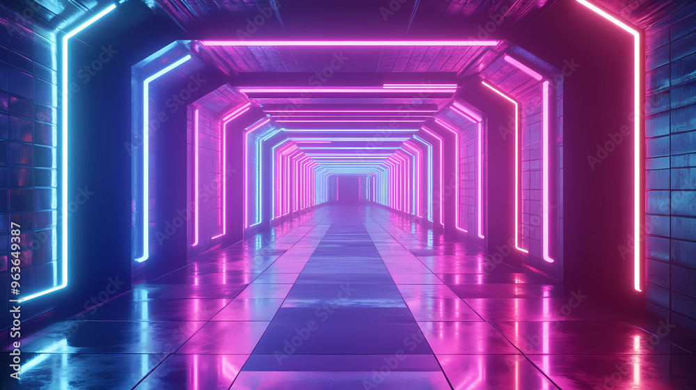 Abstract flying in futuristic corridor background, fluorescent ultraviolet light, mirror lines laser neon lines, geometric endless tunnel, 3d illustration, blue pink spectrum. Neon. Illustration Abstract flying in futuristic corridor background, fluorescent ultraviolet light, mirror lines laser neon lines, geometric endless tunnel, 3d illustration, blue pink spectrum. Neon. Illustration
