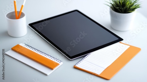 A digital tablet on a desk with a stylus and paper notebook, hybrid productivity, modern creativity photo