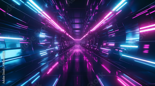 Fototapeta Naklejka Na Ścianę i Meble -  Abstract flying in futuristic corridor background, fluorescent ultraviolet light, mirror lines laser neon lines, geometric endless tunnel, 3d illustration, blue pink spectrum. Neon. Illustration