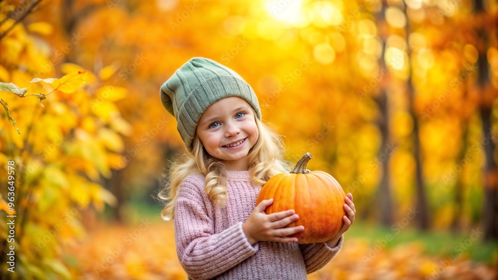 Little girl with long blonde hair holding an orange pumpkin in an autumn forest