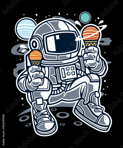 Funny Astronaut on space eating Ice Cream as Planets, vector art character graphic drawing illustration for stickers, streetwear, t-shirts, logos, print-on-demand, print, or branding