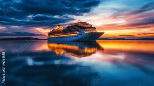 A cruise ship glides across twilight waters, reflecting sunset colors that symbolize luxury and adventure, inspiring awe and a sense of exploration in those who witness its beauty photo