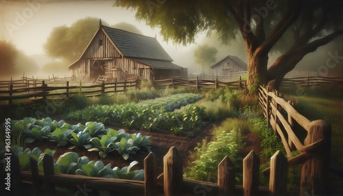 Tranquil Farmyard with Lush Garden and Wooden Barn photo