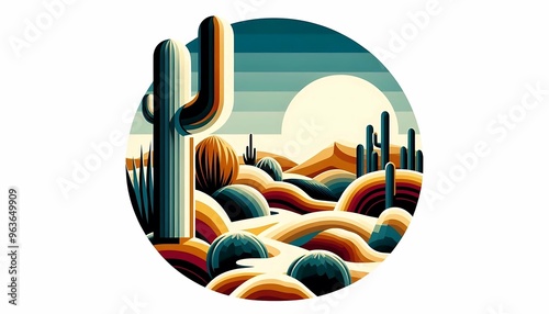 Circular desert landscape with cacti and abstract hills photo