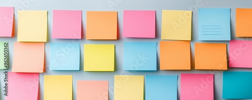 Bright and colorful wall planner with sticky notes, visual organization, creative planning