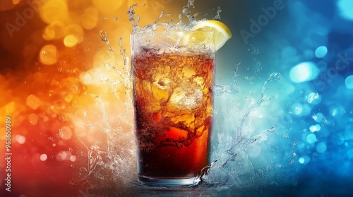 A glass of dark soda with ice and a lemon wedge splashing with water on a red and blue background.