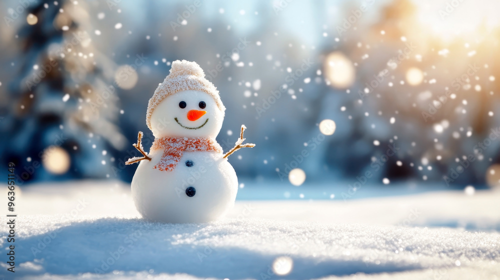 Snowman on winter landscape in sunny day. World Snow Day. Horizontal banner. Free space for text. Winter sports and snow activities concept Snowman on winter landscape in sunny day. World Snow Day. Horizontal banner. Free space for text. Winter sports and snow activities concept