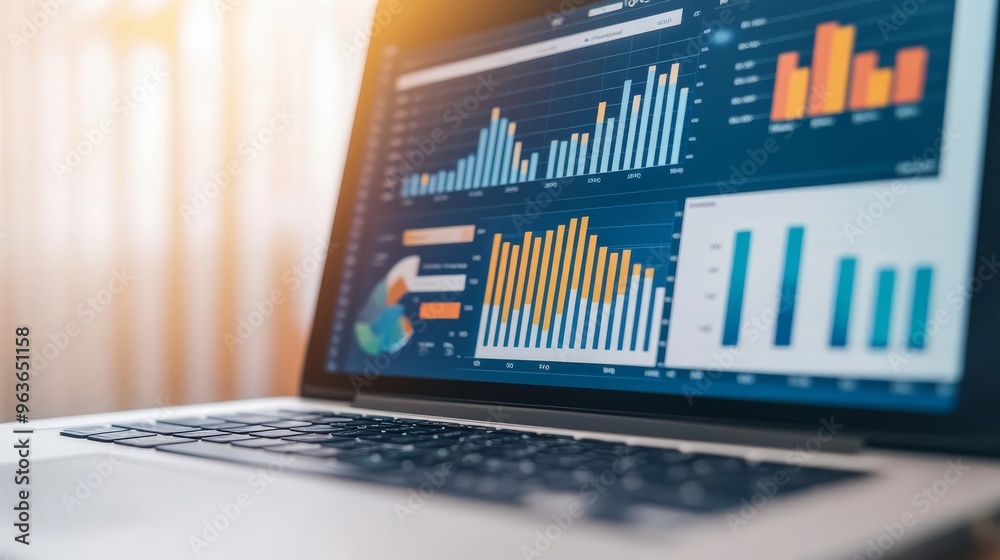 Obraz premium Close-up of a laptop screen displaying graphs, business analytics, productivity software