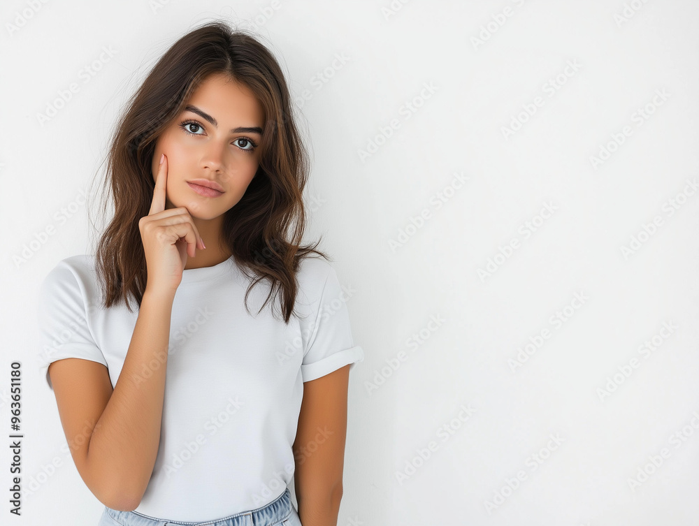 Young woman isolated on white background and thinking, copy space area Young woman isolated on white background and thinking, copy space area