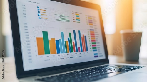 Close-up of a laptop screen displaying graphs, business analytics, productivity software