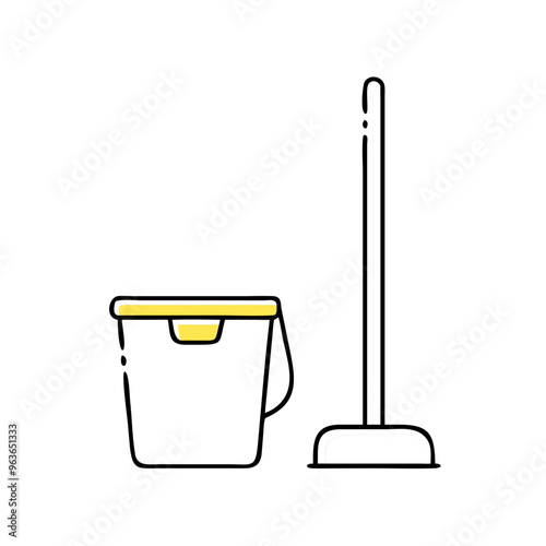 Cleaning bucket and mop with soap suds on white background with copy space