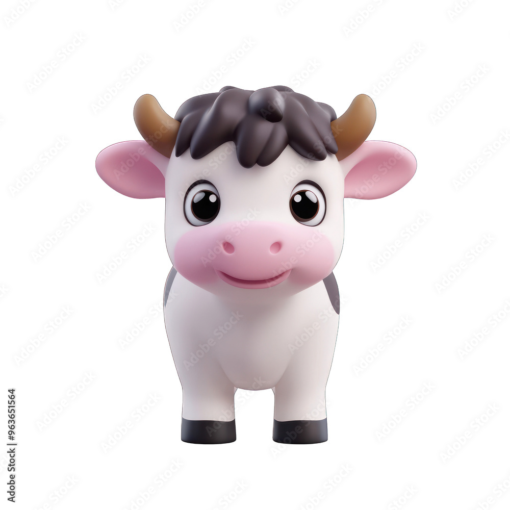Cute cartoon cow character with big eyes and a friendly smile, perfect for children's products or farm-themed designs. 3d render Cute cartoon cow character with big eyes and a friendly smile, perfect for children's products or farm-themed designs. 3d render