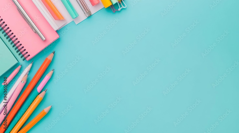 Fototapeta premium Desk with a neat arrangement of colorful stationery, organized work tools, efficient setup