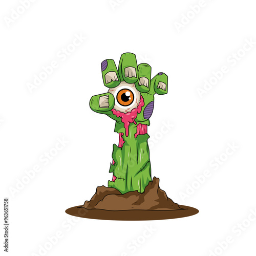 Illustration Undead hand. Halloween undead hand. Monster hand Halloween. Vector of green zombie. Halloween vector illustration isolated. Hand undead zombie holding eyes on ground. Halloween icon.