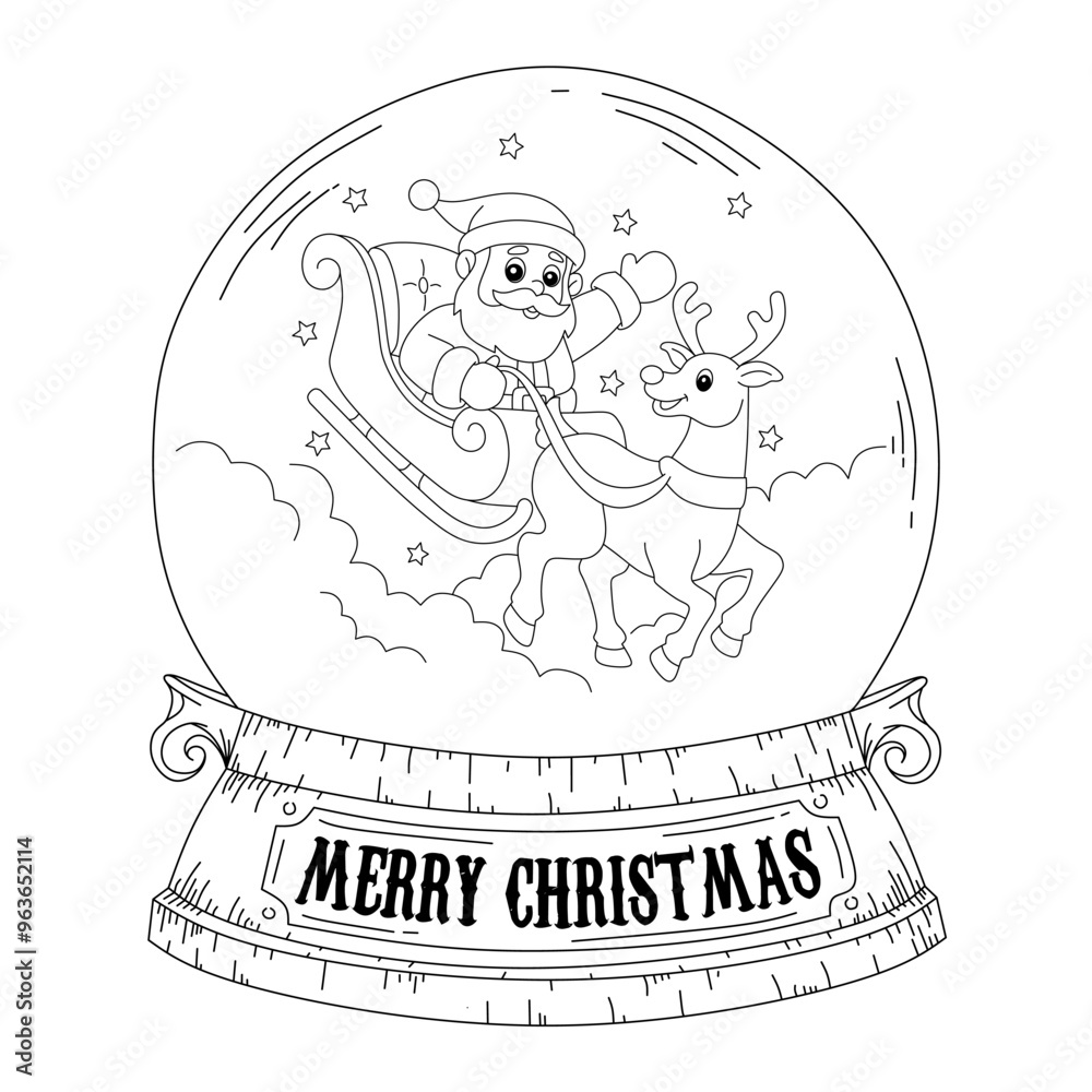 Coloring page Christmas Snow globe with santa and deer in the sky. Coloring book Christmas. Coloring page vector Christmas. Coloring page Christmas Snow globe with santa and deer in the sky. Coloring book Christmas. Coloring page vector Christmas.