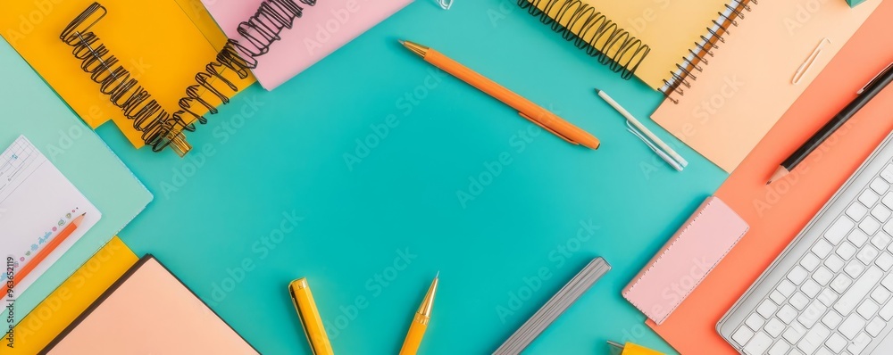 Flat lay of assorted office supplies with motivational quotes, dynamic and inspiring work tools Flat lay of assorted office supplies with motivational quotes, dynamic and inspiring work tools