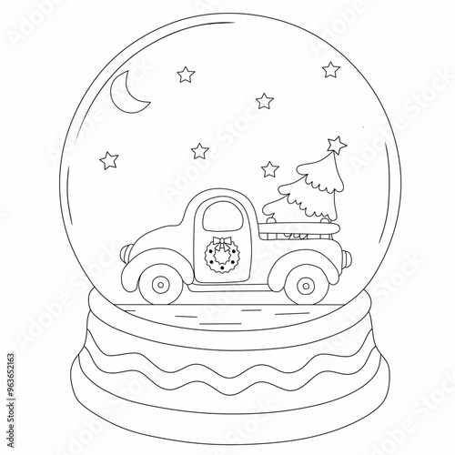 Coloring page Christmas Snow globe with Christmas tree in the car. Coloring book Christmas. Coloring page vector Christmas