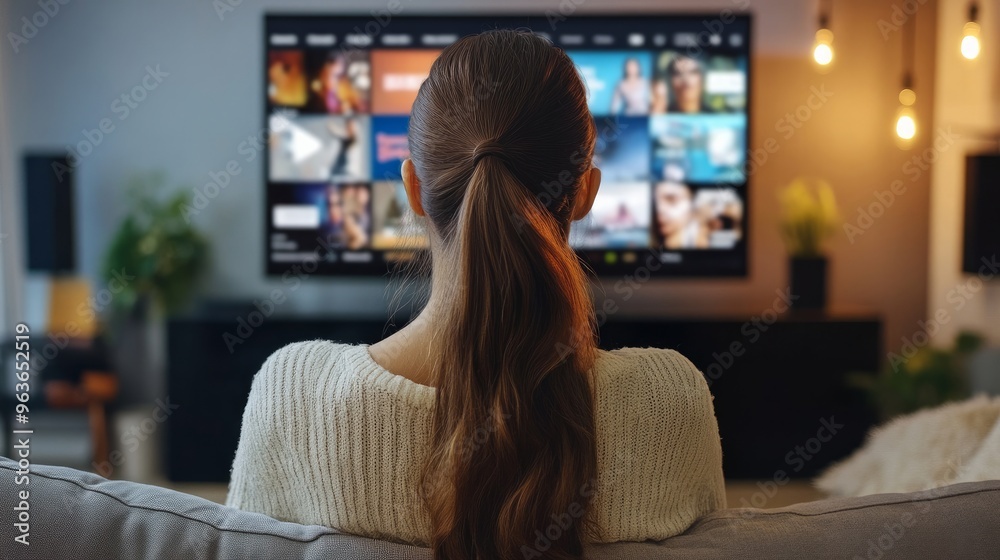A woman accesses OTT content on her smart TV at home.