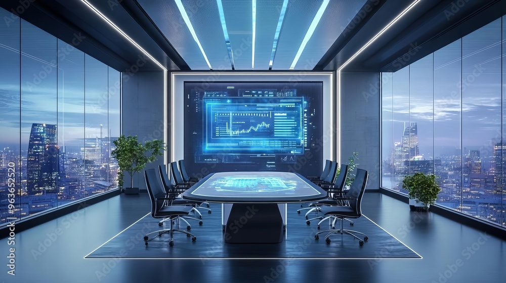 Fototapeta premium High-tech corporate office with holographic displays and streamlined furniture, capturing the essence of future business environments, business futurism