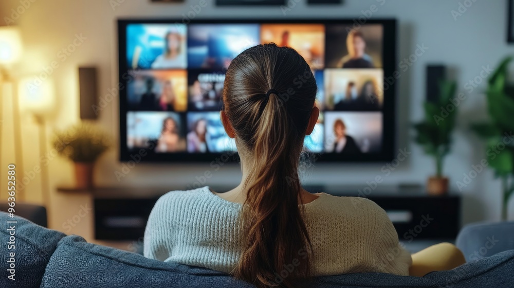 A woman accesses OTT content on her smart TV at home. A woman accesses OTT content on her smart TV at home.