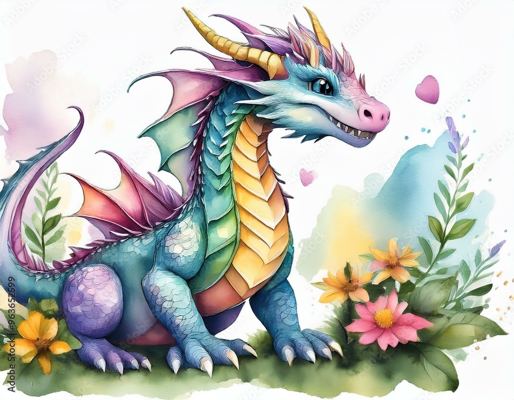 Fototapeta premium Cute dragon watercolor