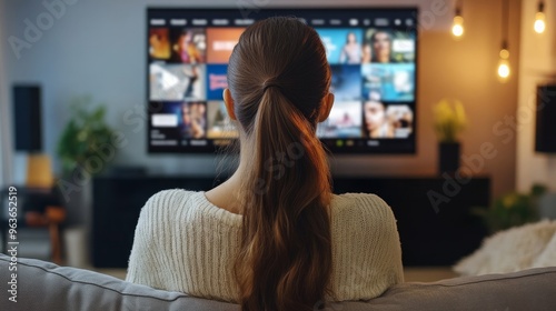 Obraz na płótnie A woman accesses OTT content on her smart TV at home. w salonie