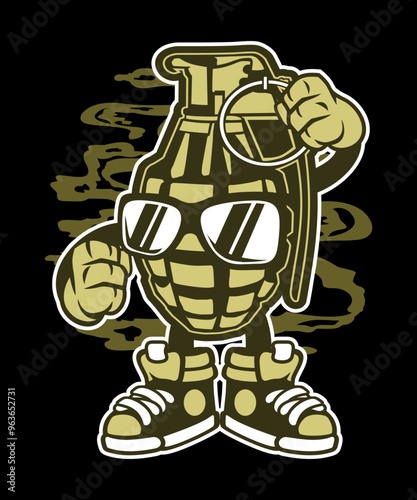 Grenade Funny vector art character graphic drawing illustration for stickers, streetwear, t-shirts, logos, print-on-demand, print, or branding 