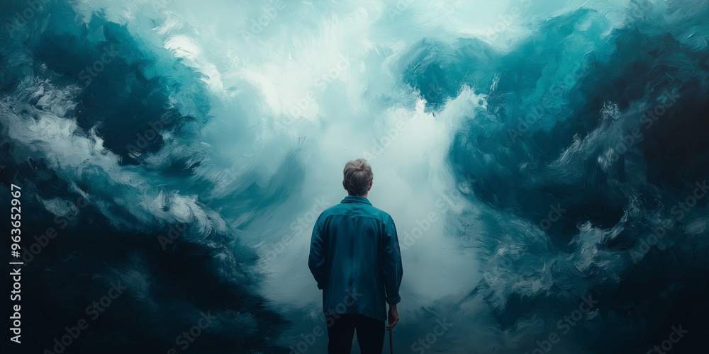 An elderly man in an artist's smock stands before a large abstract canvas, holding a paintbrush, with swirling blue and white colors visible An elderly man in an artist's smock stands before a large abstract canvas, holding a paintbrush, with swirling blue and white colors visible