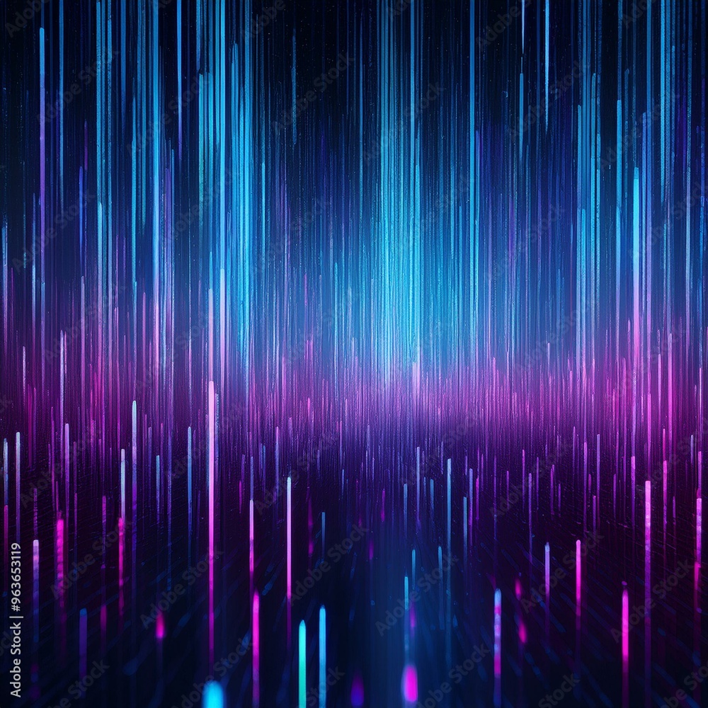 Dark background, vertical lines of blue and purple light with digital glitch effects Dark background, vertical lines of blue and purple light with digital glitch effects