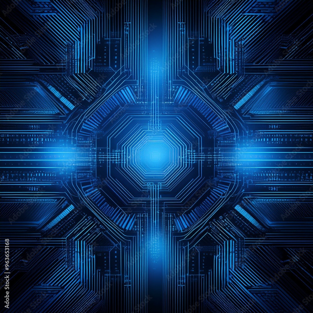 Abstract background of blue and black colors with a dark, glowing digital matrix pattern Abstract background of blue and black colors with a dark, glowing digital matrix pattern
