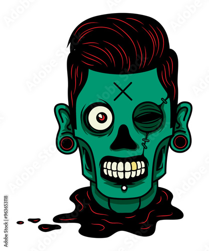 Funny Zombie Green Head vector art character graphic drawing illustration for stickers, streetwear, t-shirts, logos, print-on-demand, print, or branding