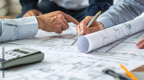 Architects reviewing blueprints for a new construction project photo