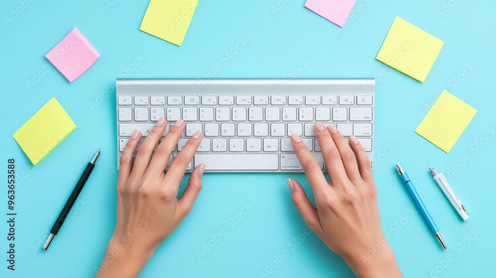 Hands typing on a keyboard surrounded by sticky notes and pens, multitasking at work, dynamic scene Hands typing on a keyboard surrounded by sticky notes and pens, multitasking at work, dynamic scene