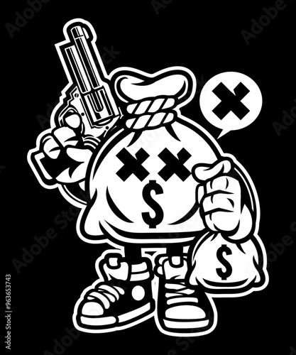 funny Money quirky bag vector art character graphic drawing for stickers, streetwear, t-shirts, logos, print-on-demand, print, or branding