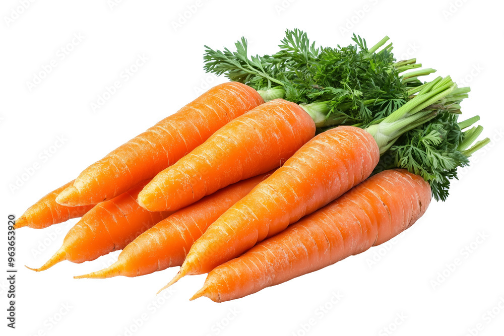A vibrant bunch of fresh organic carrots with lush green tops, displayed in close-up isolated on white background. A vibrant bunch of fresh organic carrots with lush green tops, displayed in close-up isolated on white background.