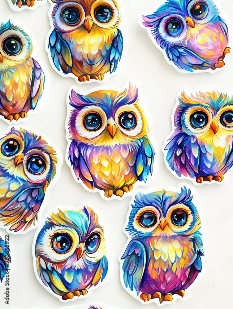 Fototapeta premium owl cute colorful animal illustration cartoon bird whimsical character design art nature wildlife fantasy feathered blue green purple orange portrait small fun playful