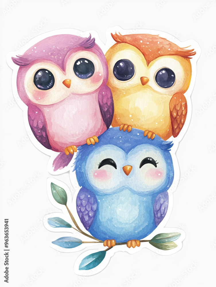 Fototapeta premium cute owls colorful cartoon animals illustration birds happy nature art whimsical character playful design bright children three owls pastel colors animal art